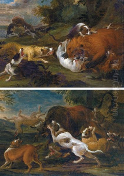 Hunde Einen Bullen Attackierend (+ Hunde Lowen Angreifend; Pair) Oil Painting by Abraham Danielsz. Hondius