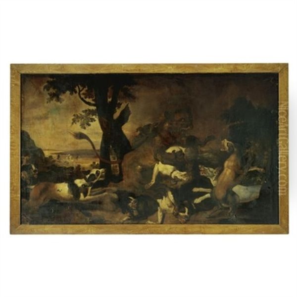 A Lion Hunt Oil Painting by Abraham Danielsz. Hondius