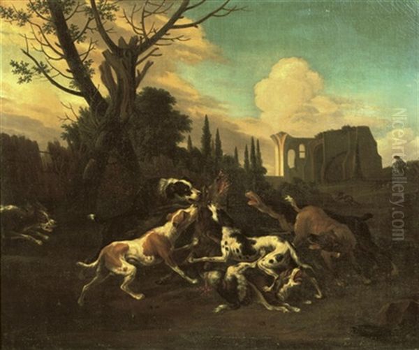 Hounds Attacking A Boar In A Wooded Landscape Oil Painting by Abraham Danielsz. Hondius