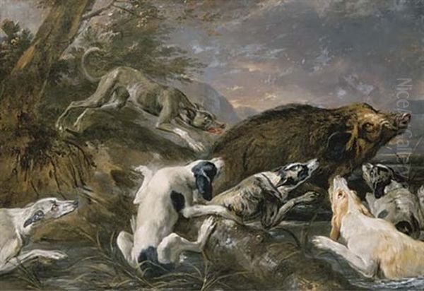 Hounds Attacking A Boar In A River Landscape (also Attributed To Pieter Boel & Studio) Oil Painting by Abraham Danielsz. Hondius