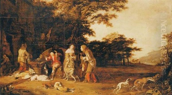 Huntsmen Resting By An Inn Oil Painting by Abraham Danielsz. Hondius