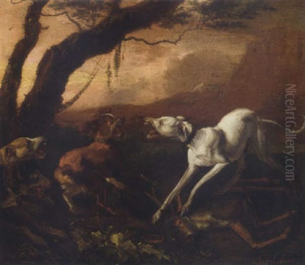 Dogs Fighting Over A Dead Stag In A Landscape Oil Painting by Abraham Danielsz. Hondius