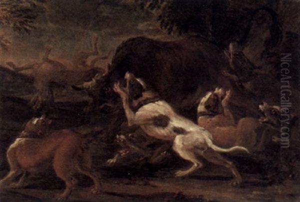 Hunde Attackieren Einen Stier Oil Painting by Abraham Danielsz. Hondius
