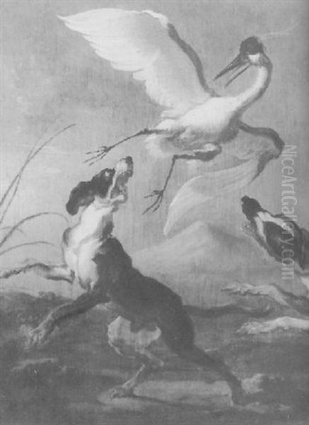 A Crane Being Chased By Two Dogs Oil Painting by Abraham Danielsz. Hondius