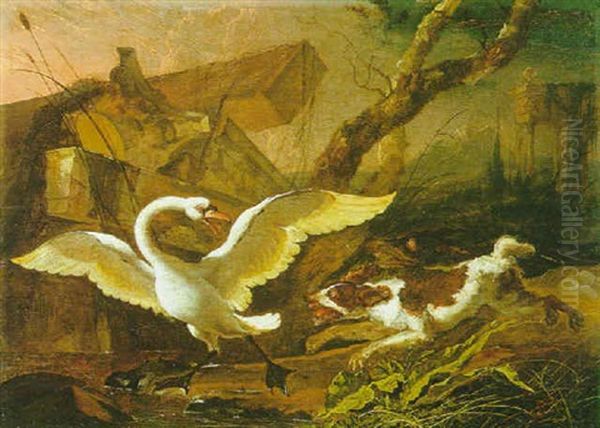 Chien Poursuivant Un Cygne Oil Painting by Abraham Danielsz. Hondius