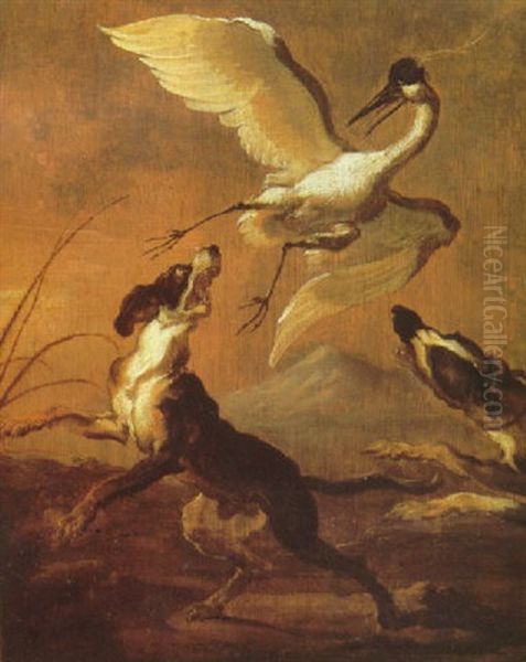 A Crane Chased By Two Dogs Oil Painting by Abraham Danielsz. Hondius