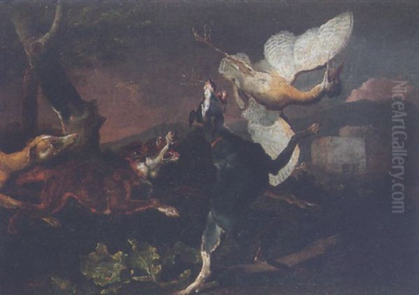 Hounds Attacking A Bittern In Flight Oil Painting by Abraham Danielsz. Hondius