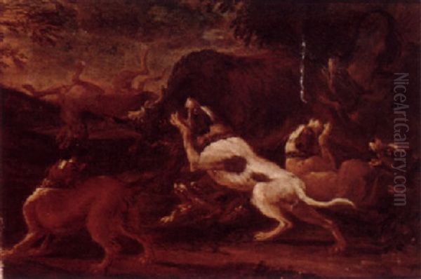 Hounds Attacking A Bull Oil Painting by Abraham Danielsz. Hondius