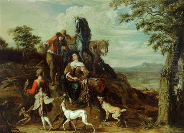 An Elegant Hunting Party In A Landcscape Oil Painting by Abraham Danielsz. Hondius