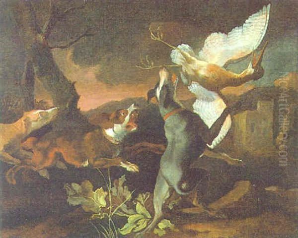 Drei Hunde Jagen Eine Schnepfe Oil Painting by Abraham Danielsz. Hondius