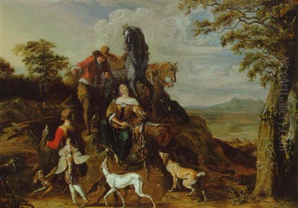 An Elegant Hunting Party In A Landscape Oil Painting by Abraham Danielsz. Hondius