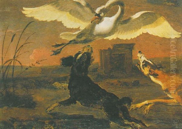 Two Dogs Putting Up A Swan Oil Painting by Abraham Danielsz. Hondius