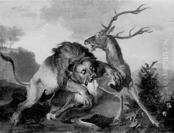 A Lion Bringing Down A Stag Oil Painting by Abraham Danielsz. Hondius