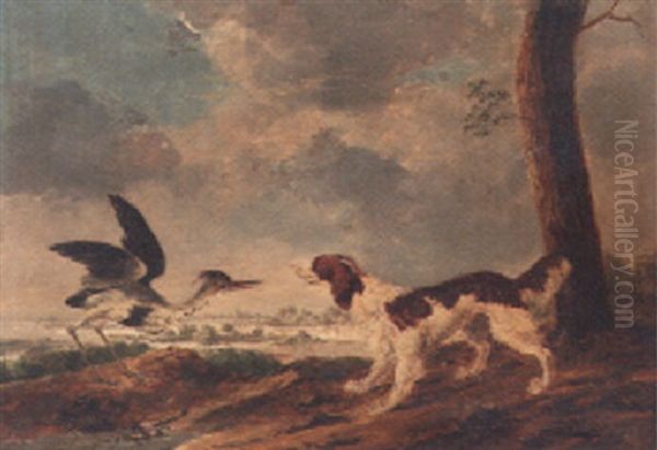 A Spaniel And A Heron In A Landscape Oil Painting by Abraham Danielsz. Hondius