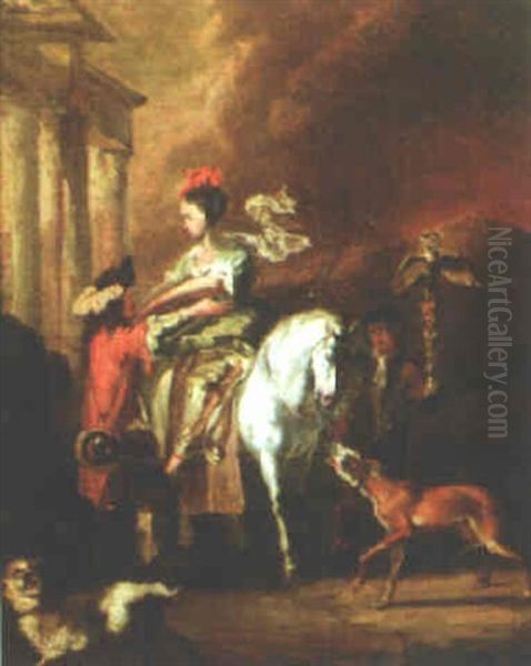 A Hawking Party With A Lady Being Helped Down From Her Horse Oil Painting by Abraham Danielsz. Hondius