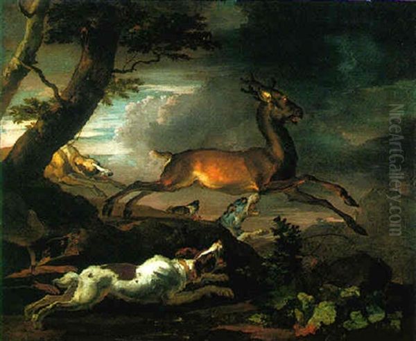 A Stag Hunt Oil Painting by Abraham Danielsz. Hondius