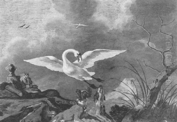 Three Dogs Chasing A Swan From Her Nest Oil Painting by Abraham Danielsz. Hondius