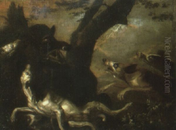Dogs Attacking A Boar Oil Painting by Abraham Danielsz. Hondius