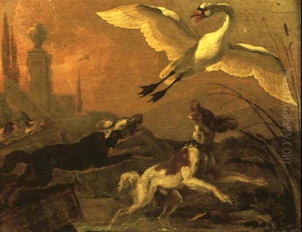 Swan Being Chased By Dogs Oil Painting by Abraham Danielsz. Hondius