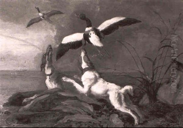 Chiens Chassant Des Canards Oil Painting by Abraham Danielsz. Hondius