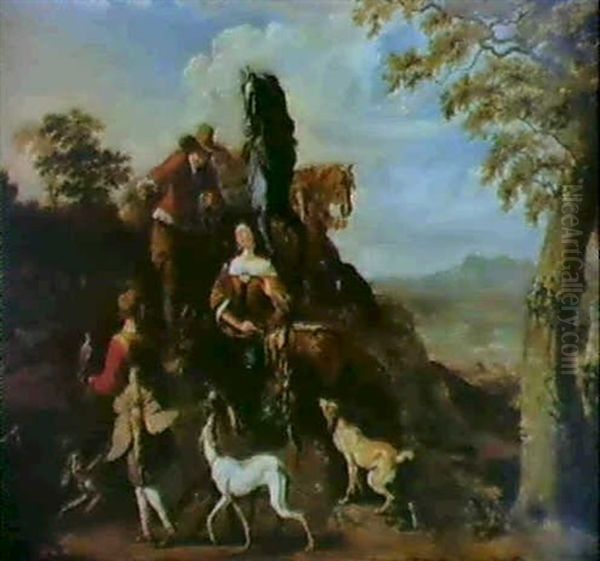 A Falconer And His Companion Resting On A Bank At A Roadside With Their Two Horses, Hounds And A Bag... Oil Painting by Abraham Danielsz. Hondius