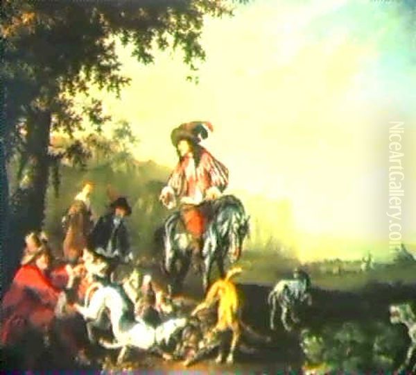 Landscape With A Hunting Party... Oil Painting by Abraham Danielsz. Hondius