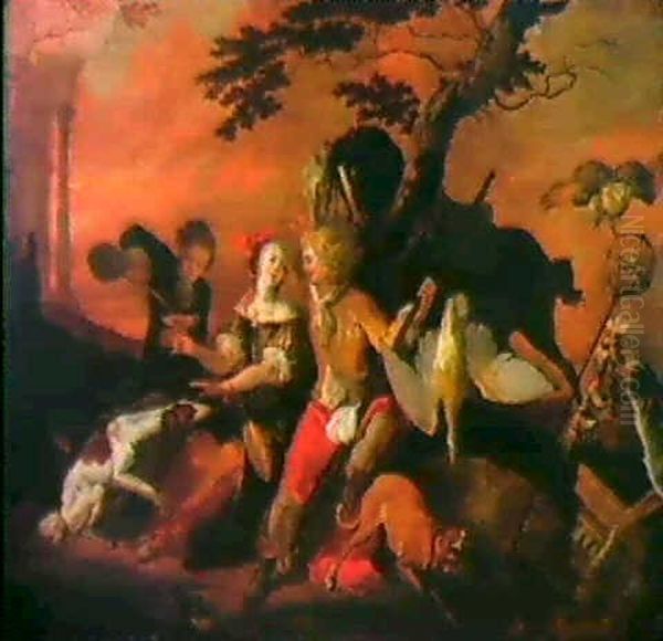 Ein Vornehmes Paar Nimmt Eine Erfrischung Nach Der Jagd. Oil Painting by Abraham Danielsz. Hondius