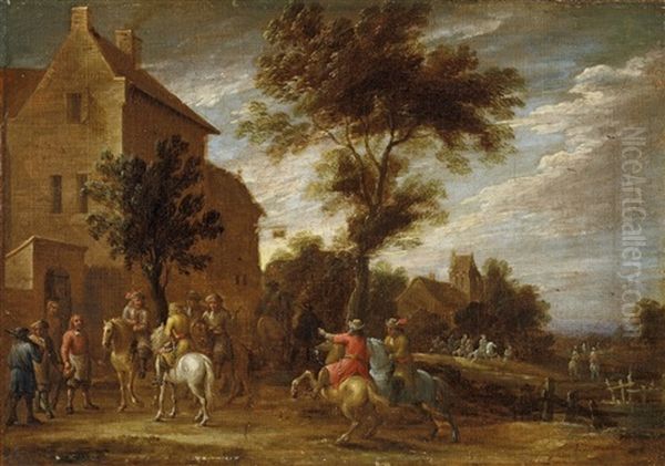 Dorflandschaft Mit Reitern Oil Painting by Lambert de Hondt