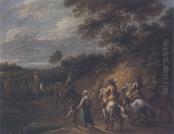 Landscape With Cavaliers And Other Travellers Oil Painting by Lambert de Hondt