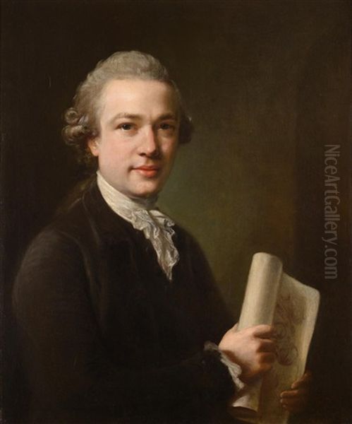 George Gostling Of Whitton Place, Half Length Wearing A White Cravat, Black Jacket And A Powdered Wig, Holding A Document Oil Painting by Nathaniel Hone
