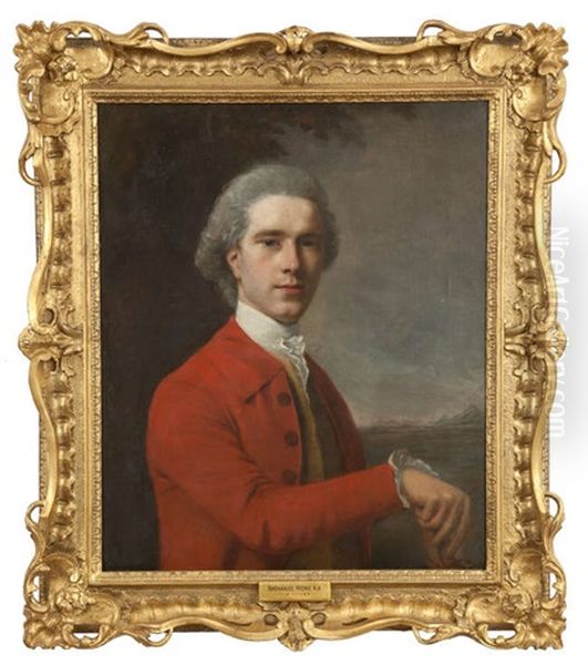 Portrait Of A Gentleman, Half Length, Wearing A Red Coat, A Buff Waistcoat And White Stock, His Hand On A Cane, In A Landscape Oil Painting by Nathaniel Hone