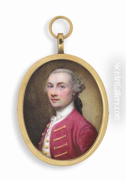 Thomas Stephens, Aged Thirty-six, In Crimson Coat With Gold Braiding, White Waistcoat, Powdered Hair En Queue And Black Wig Bag Oil Painting by Nathaniel Hone