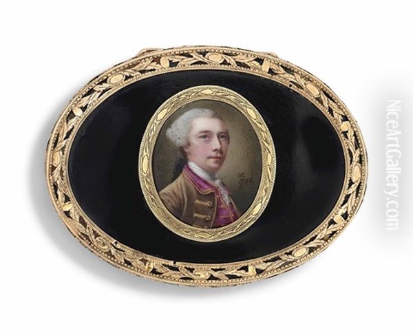 A Self-portrait Of The Artist, In Gold-bordered Brown Coat, Raspberry Waistcoat, White Cravat, Powdered Hair En Queue Oil Painting by Nathaniel Hone