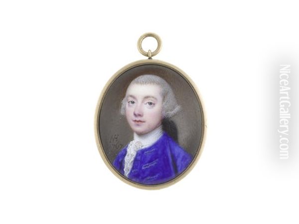 A Gentleman, Wearing Blue Coat, White Chemise, Frilled Lace Cravat And Stock, His Powdered Wig Worn En Queue And Tied With Black Ribbon Oil Painting by Nathaniel Hone