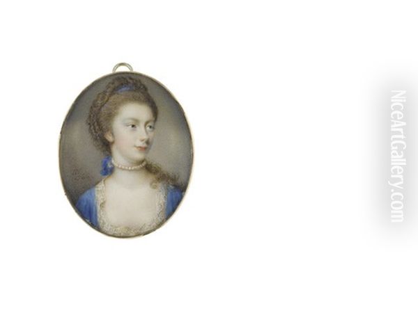 A Lady, Wearing Blue Dress With White Lace Trim, Her Pearl Choker Secured With Matching Blue Ribbon Behind Her Neck, Her Long Fair Hair Partially Upswept And Falling Over Her Left Shoulder Oil Painting by Nathaniel Hone