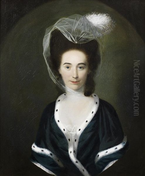 Portrait Of A Lady, Half-length, In A Green Dress And A Fur-trimmed Shawl, Within A Painted Oval Oil Painting by Nathaniel Hone