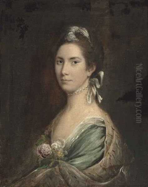 Portrait Of A Lady, Thought To Be Lady Elizabeth Levesson Gower, Countess Waldegrave (1724-1784), Half-length, In A Pale Blue Dress And Pearl Choker Oil Painting by Nathaniel Hone