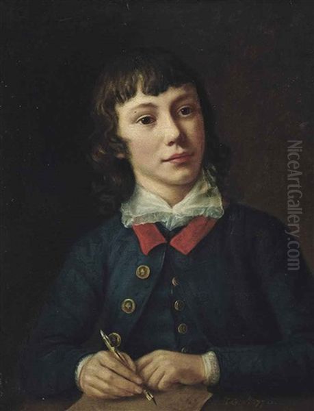 Portrait Of A Young Gentleman, Half-length, In A Blue Coat, Holding A Pen In His Right Hand Oil Painting by Nathaniel Hone