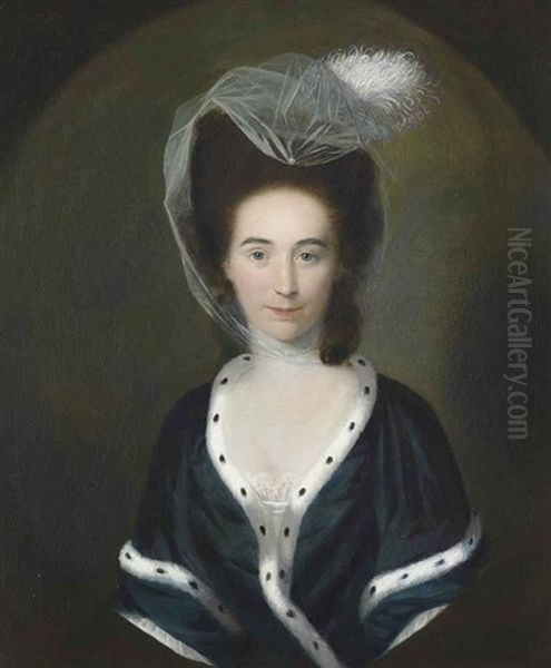 Portrait Of A Lady, Half-length, In A Black Dress With Ermine Trim, In A Feigned Oval Oil Painting by Nathaniel Hone