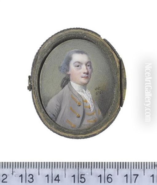 A Gentleman, Wearing Mauve Coat And Waistcoat With Gold Lace And Buttons To Each, White Frilled Lace Chemise And White Stock, His Powdered Hair Worn... Oil Painting by Nathaniel Hone