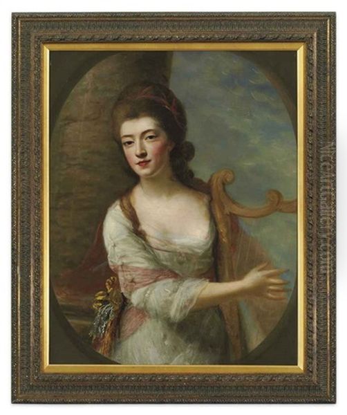Portrait Of A Lady In A White Dress, Playing A Harp, Standing By A Column In A Landscape Oil Painting by Nathaniel Hone