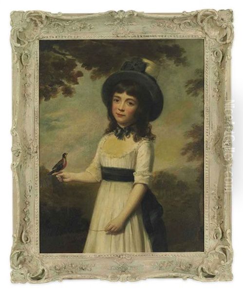 Portrait Of Miss Gardner In A White Dress With A Blue Sash And A Hat, A Bird On A String Perched On Her Right Hand, A Bird Cage To Her Side, In A Landscape Oil Painting by Nathaniel Hone