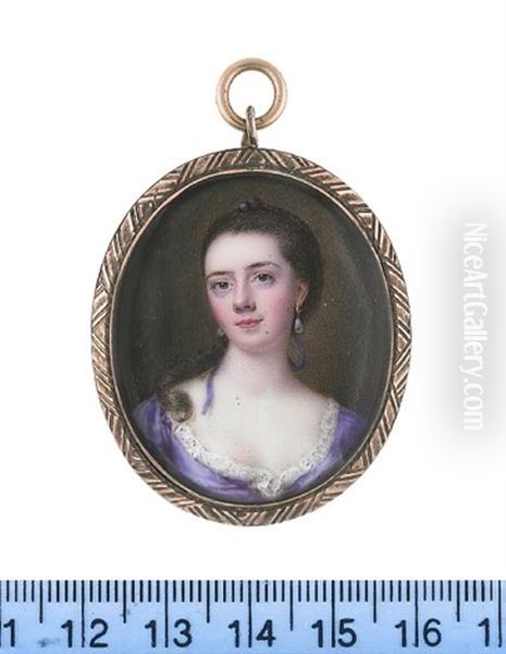 A Lady, Wearing Violet Dress With White Lace Slip, Her Hair Upswept And Tied With A Violet Ribbon, Pearl Pendent Earrings Oil Painting by Nathaniel Hone