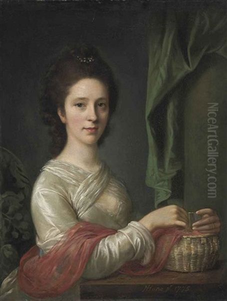 Portrait Of A Lady, In A White Dress With A Red Shawl, Seated At A Table, With A Basket And Thread, A Column And Draped Curtain Beyond Oil Painting by Nathaniel Hone
