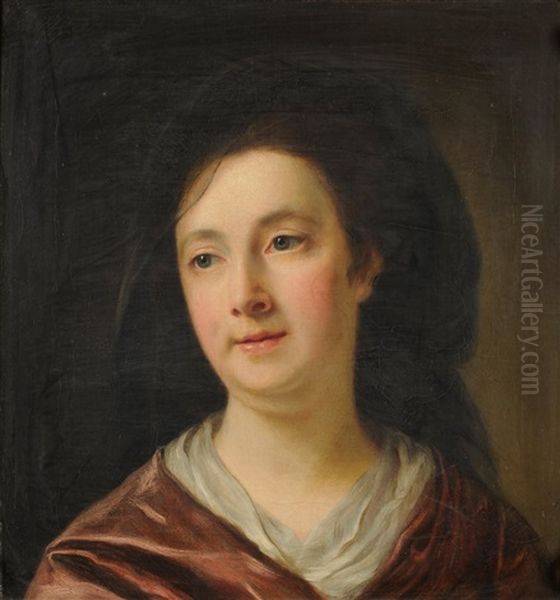 Portrait Of A Lady, Wearing A Red Dress And A Partial Veil On Her Hair Oil Painting by Nathaniel Hone