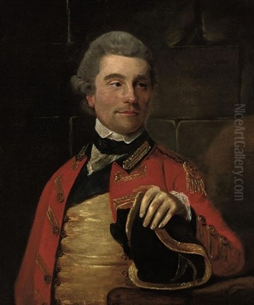 Portrait Of A Gentleman In Military Uniform, A Tricorn Hat In His Left Hand Resting On A Ledge Oil Painting by Nathaniel Hone