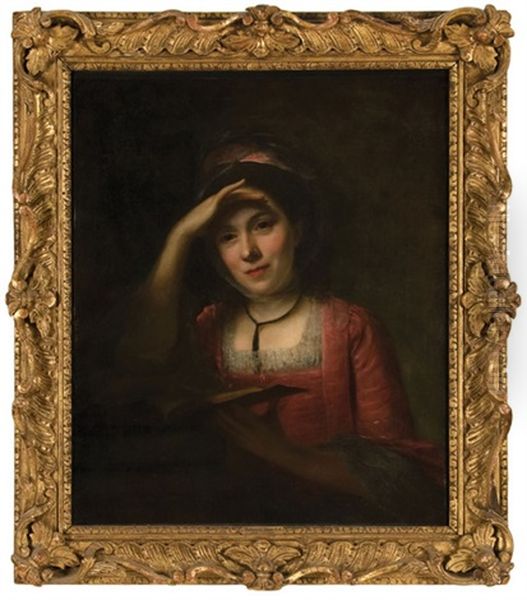 Portrait Of A Lady In A Red Dress Reading A Book Oil Painting by Nathaniel Hone