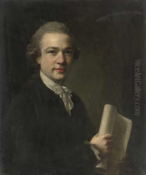Portrait Of George Gostling, A Drawing Of The Madonna And Child In His Right Hand Oil Painting by Nathaniel Hone