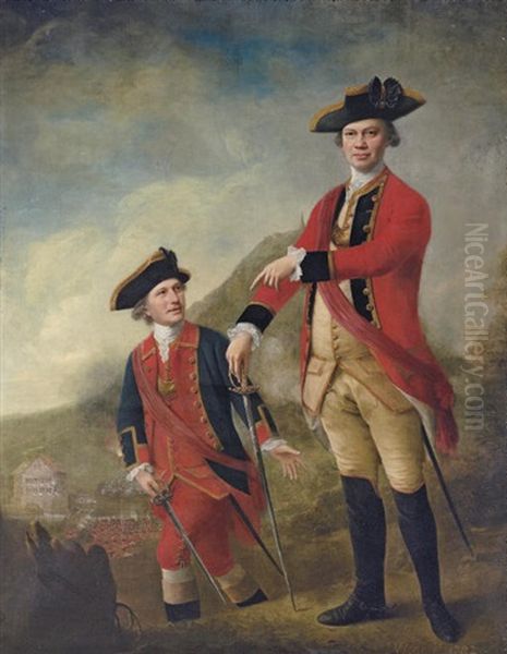 Double Portrait Of Lieutenant-general The Hon. Philip Sherard And Captain William Tiffin, At The Battle Of Brucke-muhle Oil Painting by Nathaniel Hone