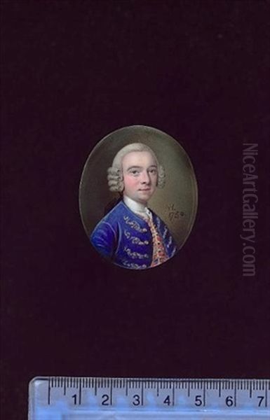 Spencer Young Of Poole, Wearing Blue Coat With Gold Embroidered Button Holes, Crimson Waistcoat With Gold And Blue Decoration, White Lace Cravat And Powdered Wig With A Black Ribbon Bow Oil Painting by Nathaniel Hone